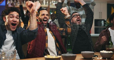 Buy stock photo Excited people, winning and celebration with fist pump for sport victory, support or success in pub. Happy group, men or fans with achievement for goal, online entertainment or score in local bar