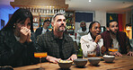 Stress, watching tv and people in pub for sports game with championship for entertainment together. Anxiety, live streaming and group of friends with football match in bar for online tournament.