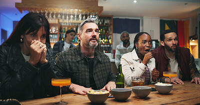 Buy stock photo Stress, watching tv and people in pub for sports game with championship for entertainment together. Anxiety, live streaming and group of friends with football match in bar for online tournament.