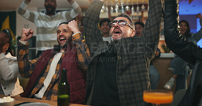 Buy stock photo Man, friends and celebration at sports bar, watching tv or fist pump for goal in soccer competition. People, group and excited for cheers, football match or live stream for international game at pub