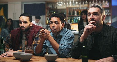Buy stock photo Stress, watching tv and men in bar for sports game with championship for entertainment together. Anxiety, live streaming and group of male friends with football match in pub for online tournament.