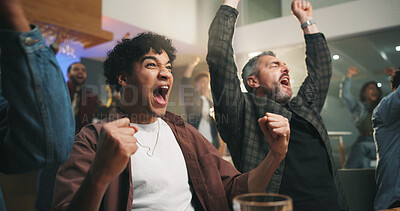 Buy stock photo Man, group and celebration at sports bar, watching tv or fist pump for goal in soccer competition. People, friends and excited with cheers, football match or live stream for international game at pub