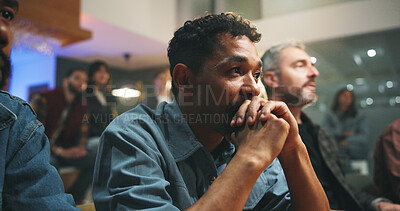 Buy stock photo Sports, watching and man in pub with suspense for score, waiting for goal and live streaming game. Bar, friends and people for team support, broadcast and match for social gathering in restaurant