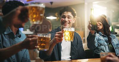 Buy stock photo Event, friends and cheers with beer at pub for world cup win, football match celebration or bonding. Happy hour, group and people with alcohol toast in bar for sports game success, weekend and flare