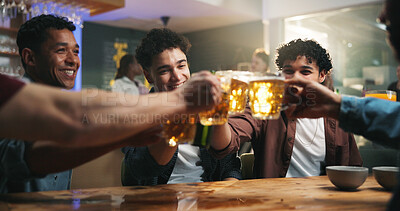 Buy stock photo Friends, men and cheers with beer in bar for reunion celebration, night out and bonding. Happy hour, weekend and people with beverage toast in pub for social gathering, party and group appreciation