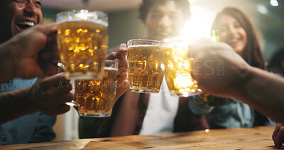 Buy stock photo Hands, friends and cheers with beer in pub for reunion celebration, night out or bonding. Happy hour, event or people with alcohol toast in bar for social gathering, party or group success with flare