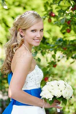 Buy stock photo Garden, happy and portrait of woman for wedding ceremony, commitment and celebration for marriage. Save the date, flowers and bride with rose bouquet for romantic event, elegant and love outdoor