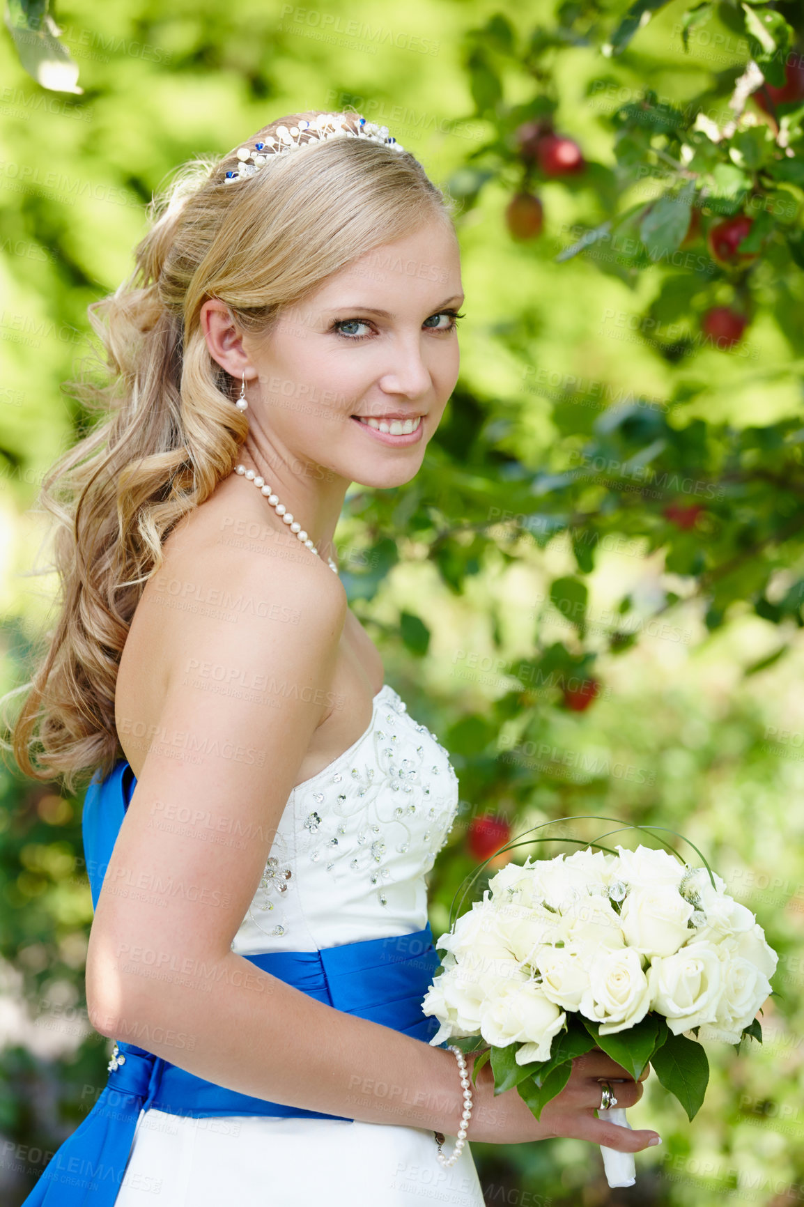 Buy stock photo Garden, happy and portrait of woman for wedding ceremony, commitment and celebration for marriage. Save the date, flowers and bride with rose bouquet for romantic event, elegant and love outdoor