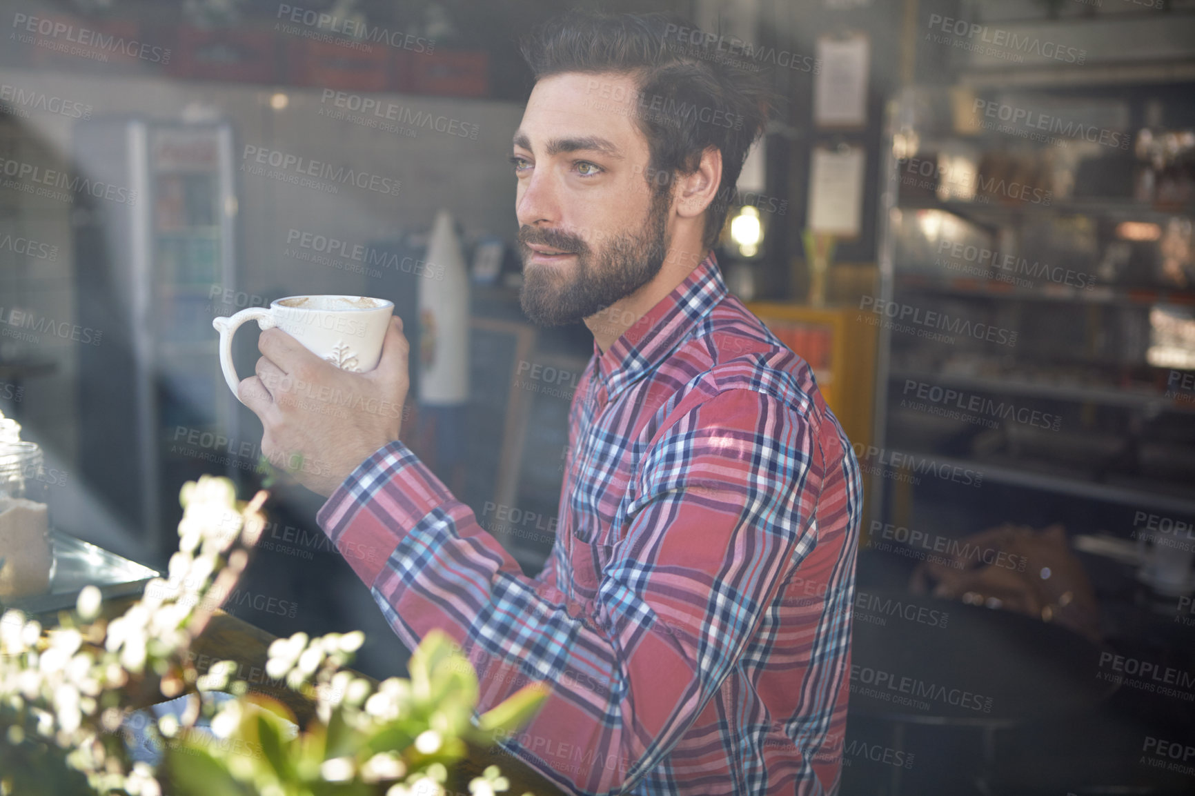 Buy stock photo Man, coffee and thinking in cafe for reflection, drink and relax with inspiration at restaurant. Window, person and cup with insight, decision and perspective with warm beverage at diner or bistro