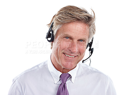 Buy stock photo Headset, happy and portrait of mature businessman in studio with call center, crm or contact us. Smile, professional and male technical support with mic for customer service by white background.