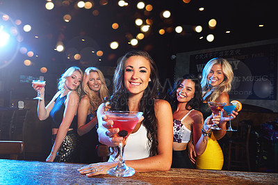 Buy stock photo Happy women, portrait and celebration with cocktail in nightclub for party, dancing event or drink. Group, female people or smile with alcohol, bokeh or beverage for nightlife, disco or new year