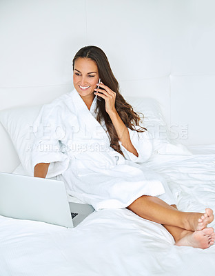 Buy stock photo Happy, phone call and woman with laptop, hotel and editing novel on website, creative and freelance. Talking, author and person with tech for ebook on holiday, online and communication with publisher