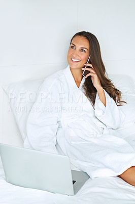 Buy stock photo Hotel, phone call and woman with laptop on bed, happy and editing novel on web, online and freelance. Talking, author and person with tech for ebook on holiday, listen or communication with publisher