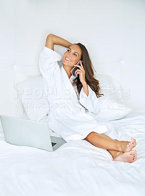 Buy stock photo Hotel, phone call and woman with laptop, relax and editing novel on website, creative and freelance. Talking, author and person with tech for ebook on holiday, online and communication with publisher