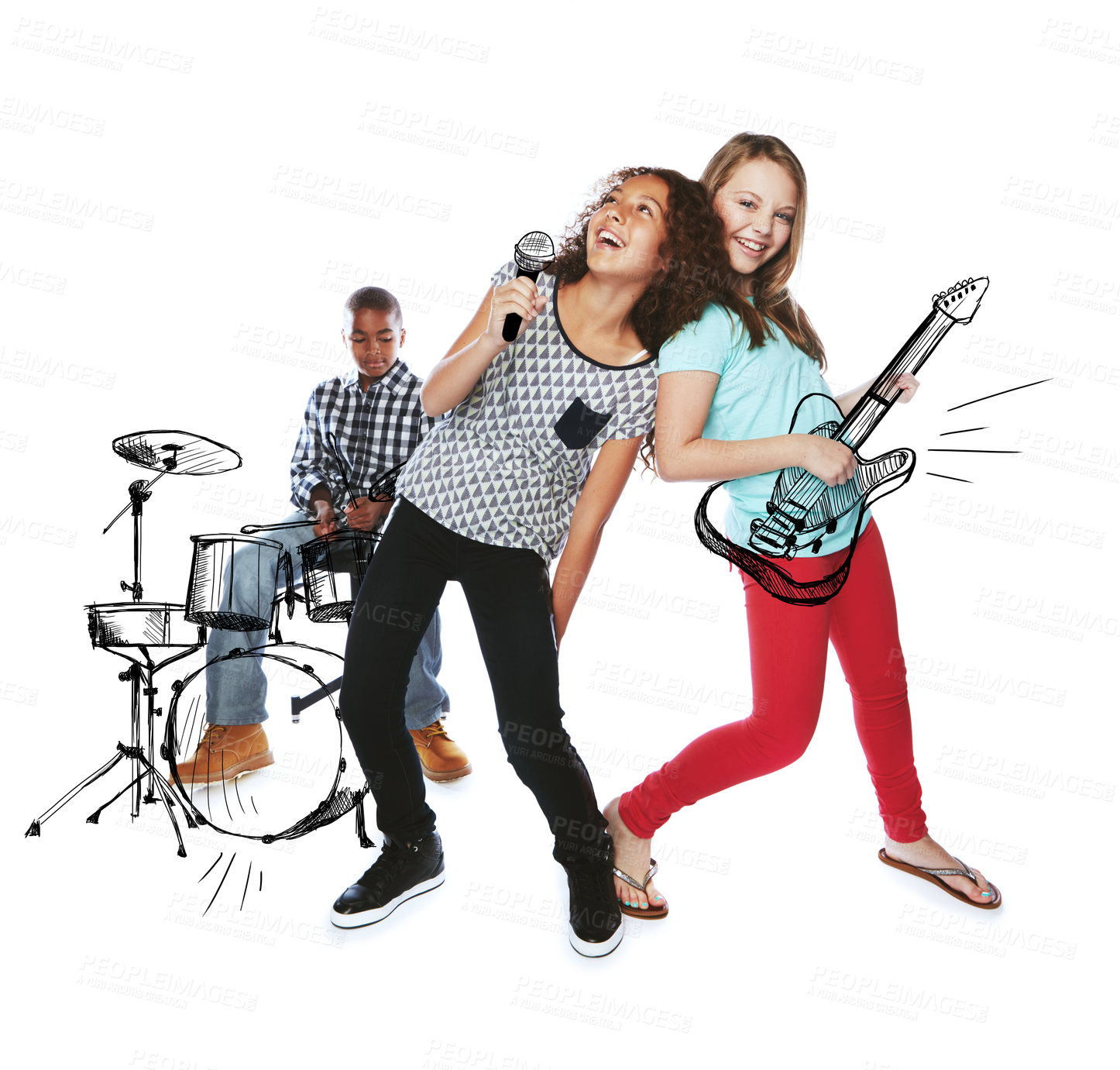 Buy stock photo Children, singing and rock band in studio, happy and guitar portrait for performance on white background. Kids, talent and musician group with microphone, overlay and voice with friends for concert