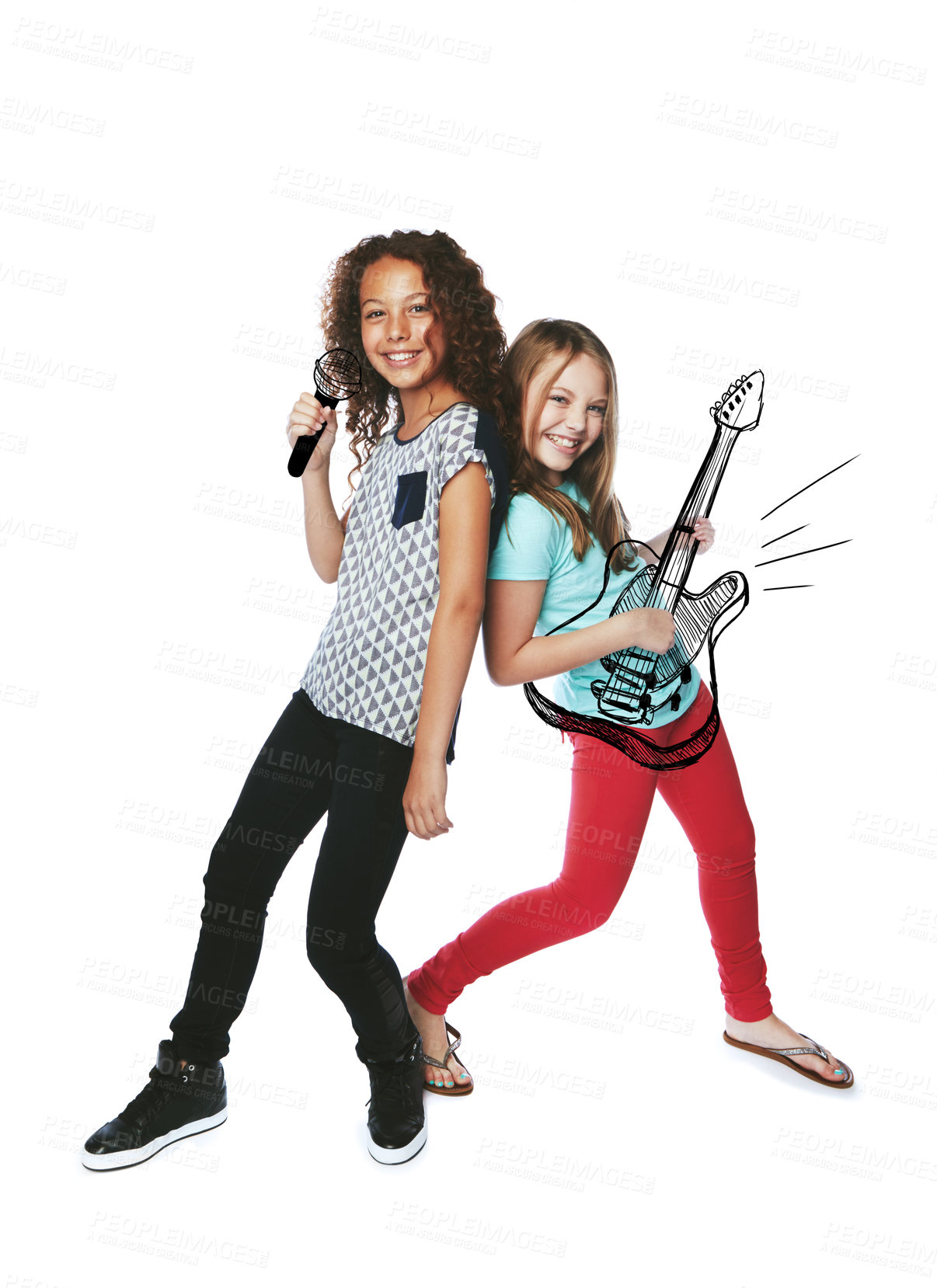Buy stock photo Girl, kids and rock band in studio portrait, singing and happy with performance on white background. Children, artist and musician friends with microphone, overlay and talent with guitar for concert