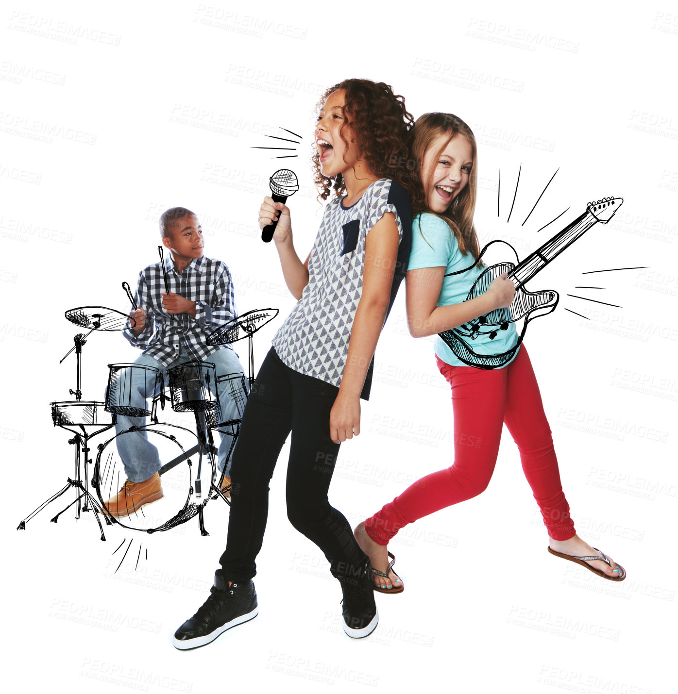 Buy stock photo Girl, children and rock band in studio, singing and sketch in portrait for performance on white background. Kids, artist and musician group with mic, instrument overlay and friends at pretend concert