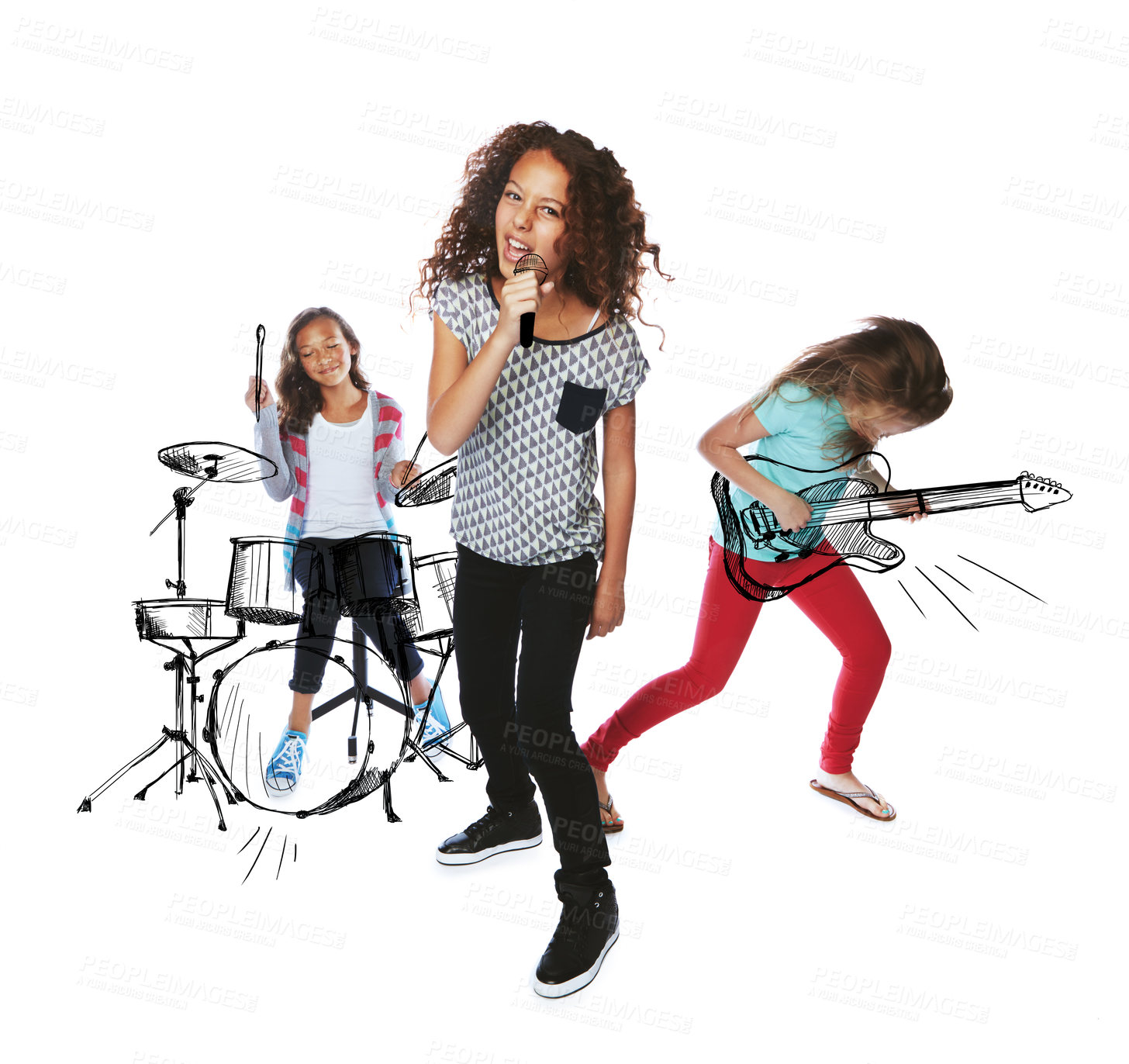 Buy stock photo Children, rock concert and studio portrait for girl, singing and happy for performance on white background. Kids, fantasy and musician group with microphone, overlay or dance with friends for show