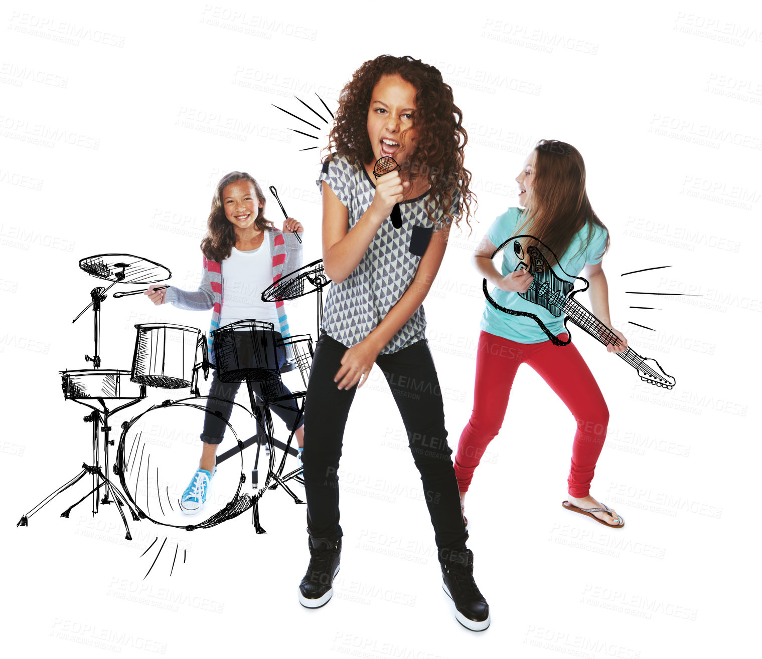 Buy stock photo Kids, rock concert and studio portrait for singing, girl and happy for performance on white background. Children, fantasy and musician group with microphone, overlay or dance with friends for show