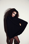 Portrait, woman or fashion model in studio with grunge aesthetic for makeup, red lipstick or clothes. Confident, female person or serious with bold cosmetic, goth style or unique on white background.