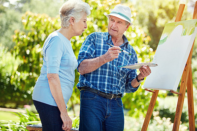 Buy stock photo Talking, painting and senior couple in park for bonding with art hobby, creativity and artwork. Retirement, marriage and elderly man and woman with canvas for drawing, picture and activity outdoor
