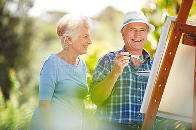 Buy stock photo Laugh, painting and elderly couple in park for bonding with artistic hobby, creativity and artwork. Retirement, marriage and senior man and woman with canvas for drawing, picture and happy outdoor