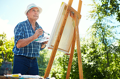 Buy stock photo Painting, canvas and thinking with old man in nature for creative project, inspiration and garden drawing. Retirement, artist and easel with senior person outdoor for botanical artwork and vision