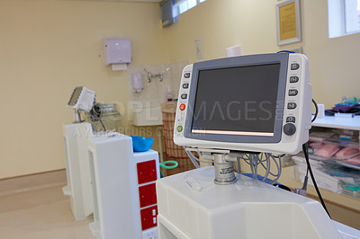 Buy stock photo Empty, hospital ward and monitor with healthcare, wellness and clean with hygiene policy. Machine, clinic and medical service with emergency, intensive care unit and admission facility with ECG