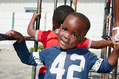 Buy stock photo Child, friends and smile on jungle gym at park for playing, holiday activity and development. People, black kid and happy on playground equipment for weekend break, coordination games and recreation.