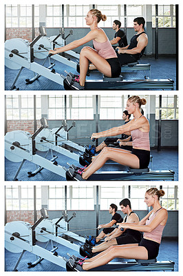 Buy stock photo Series, woman and rowing machine at gym for strength training, endurance challenge and cardio. People, athlete group or resistance exercise on ergometer for muscle toning, core stability or composite