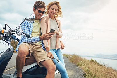 Buy stock photo Scooter, couple and road trip with phone outdoor for online map, route planning or web navigation. Travel break, people and direction app on transport for journey, search getaway destination or space