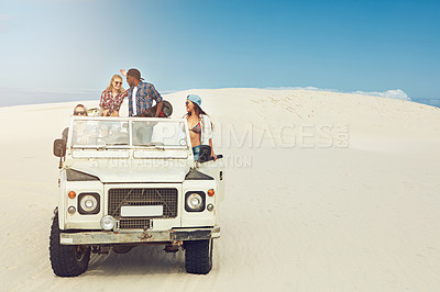 Buy stock photo People, off road vehicle and friends in desert, dunes and travel for getaway, adventure or drive on vacation. Men, women and suv on sand, space and sunglasses with all terrain transport on holiday