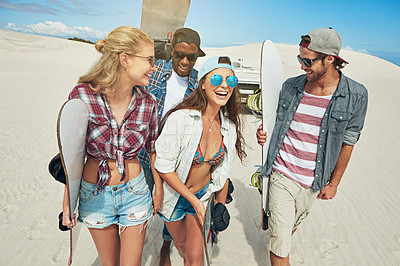 Buy stock photo Sand boarding, travel and laughing with friends in desert for adventure, hobby and fitness. Dune surfing, extreme sports and summer vacation with people outdoor for action, tourism and funny joke
