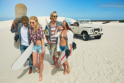 Buy stock photo Car, sand board and walking with happy people outdoor together for adventure, journey or travel. Holiday, road trip and vacation with group of sandboarding friends in nature for extreme sports