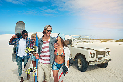 Buy stock photo Road trip, sand board and walking with people outdoor together for adventure, journey or travel. Blue sky, car and holiday with group of sandboarding friends in nature for extreme sports or vacation