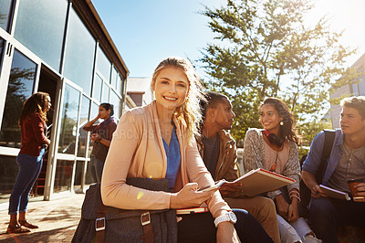 Buy stock photo College students, girl and happy with phone on campus for learning break, exam portal and research. Education portrait, study group and person with smartphone outdoor for university website and smile