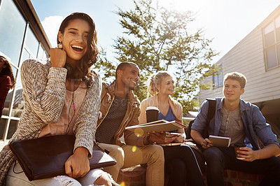 Buy stock photo College students, girl and happy with laptop bag on campus for study group, exam tips and support. Education, friends and excited outdoor at university for test preparation, scholarship and learning