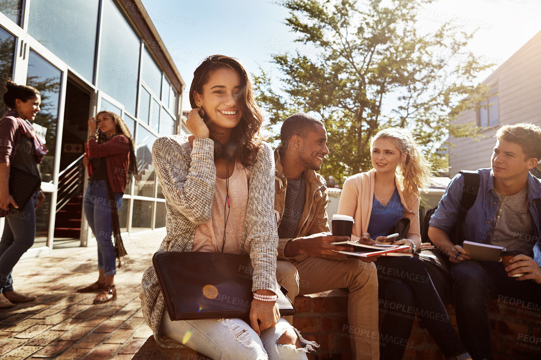 Buy stock photo College students, girl and portrait with laptop bag on campus for study group, exam tips or happy. Education, friends and smile outdoor at university for academic support, scholarship and learning
