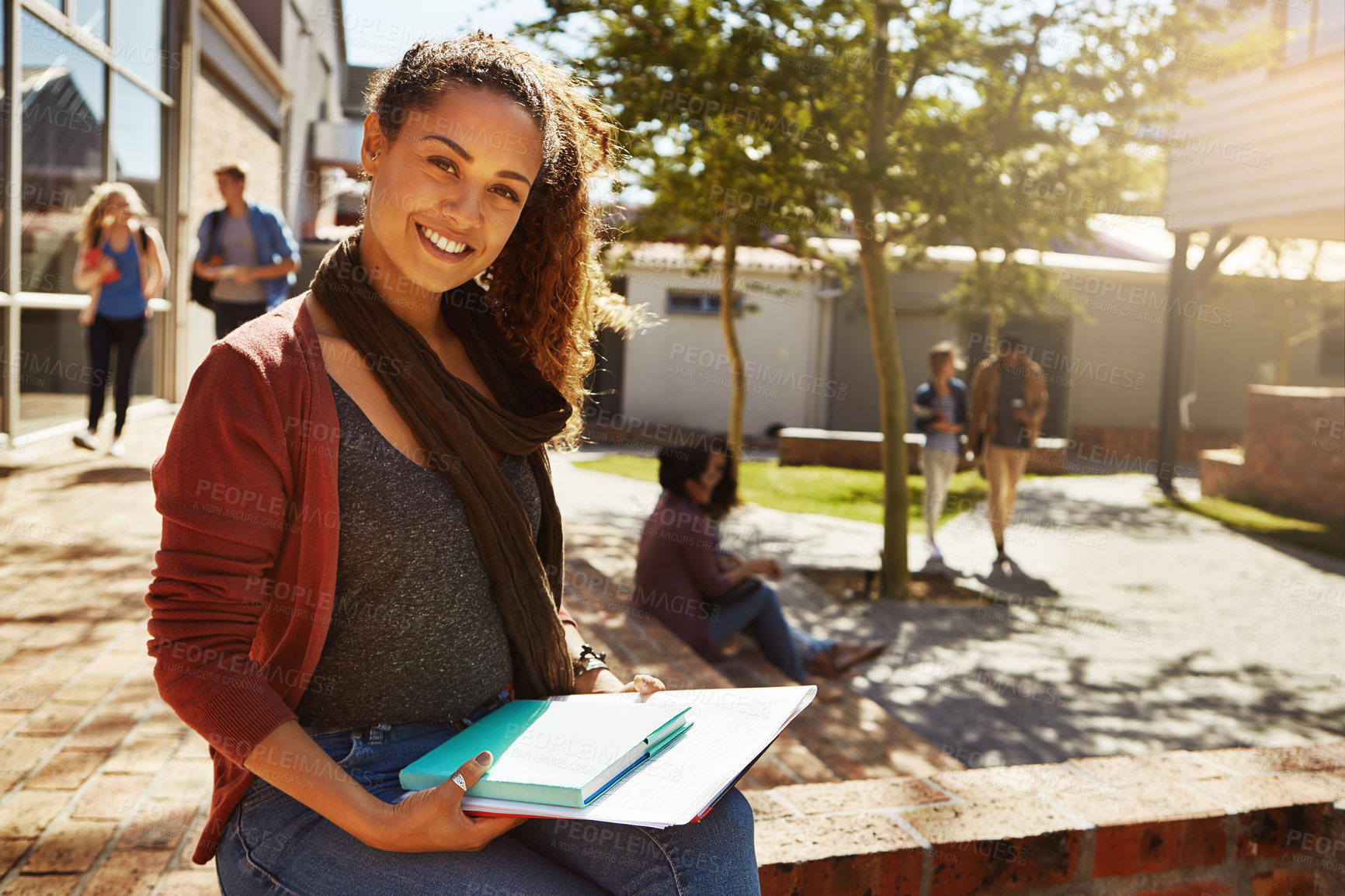 Buy stock photo Happy, books and portrait of woman at university in city with confidence for education, learning or campus. Scholarship, study and student with pride outdoor at college for academic institution.