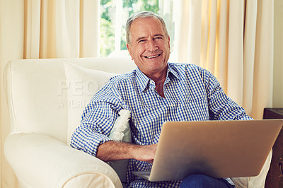 Buy stock photo Senior man, laptop and smile on sofa, home and relax with confidence, streaming or film in lounge. Elderly person, computer and happy on couch, typing and pride in retirement at house in New Zealand