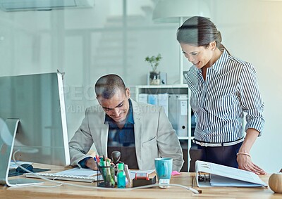 Buy stock photo Paperwork, advice and man in office with woman, computer and collaboration at accounting agency. Internship, accountant and business people with documents, planning and teamwork at finance company