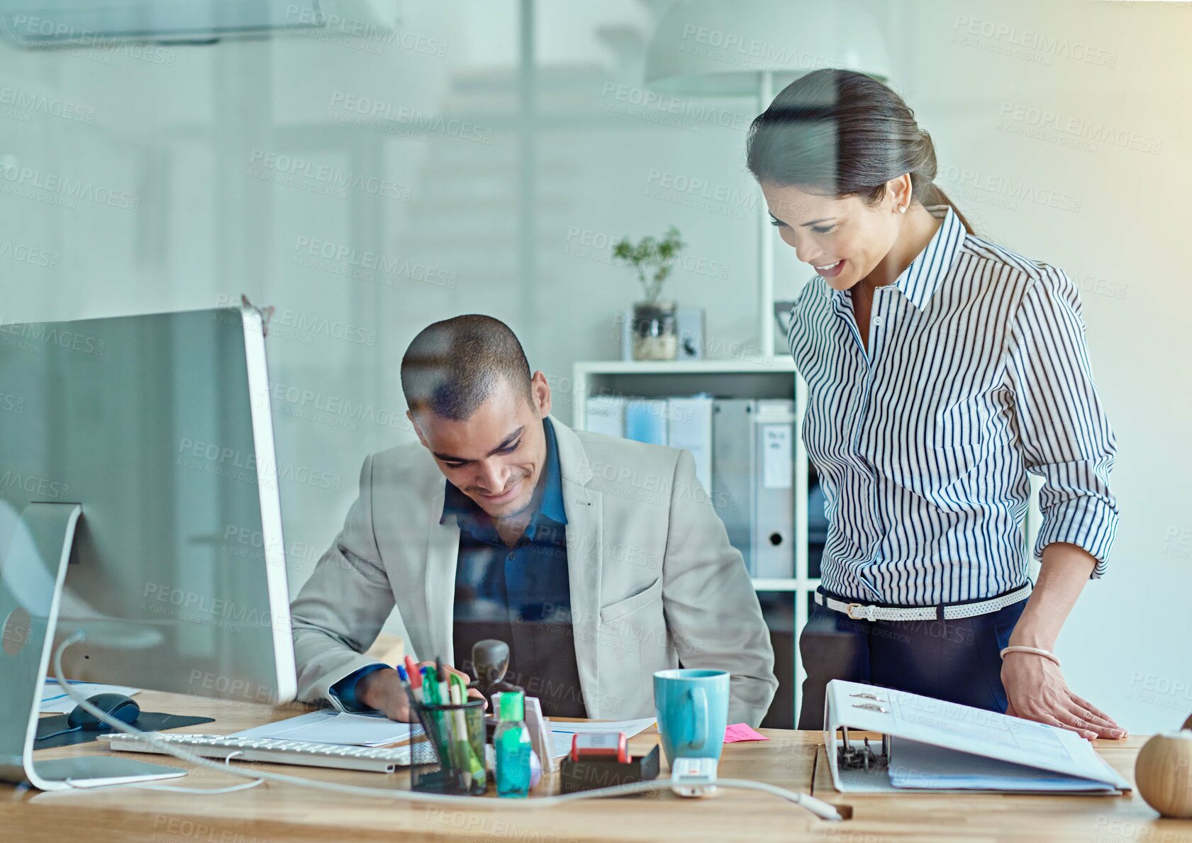 Buy stock photo Paperwork, advice and man in office with woman, computer and collaboration at accounting agency. Internship, accountant and business people with documents, planning and teamwork at finance company
