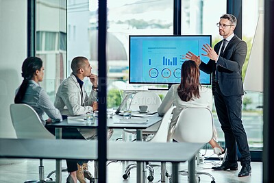 Buy stock photo Monitor, speaker and meeting with business man in office for presentation, sales pitch and profit returns. Data analysis, ROI feedback and investment dividends with employees for team discussion