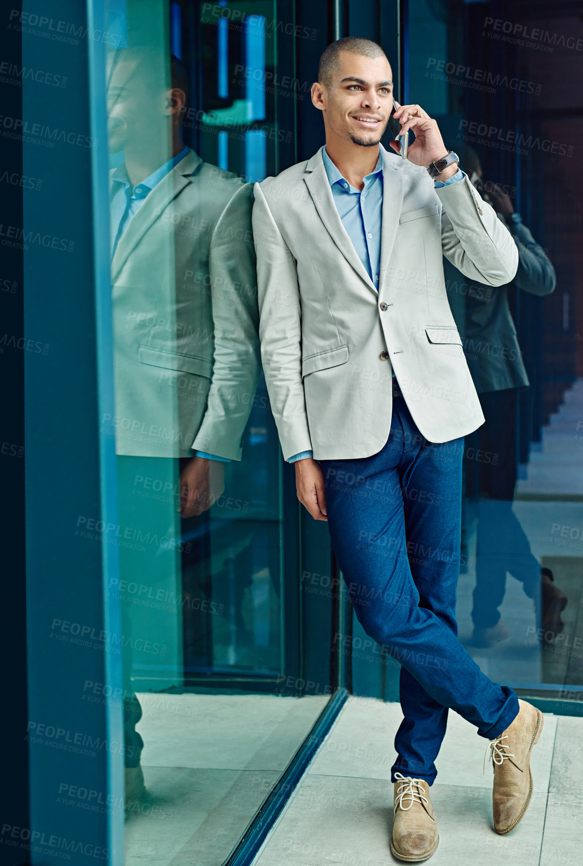 Buy stock photo Phone call, smile and listening with business man as property developer, contact and lease negotiation. Real estate broker, communication and valuation agent with person for conversation and realtor