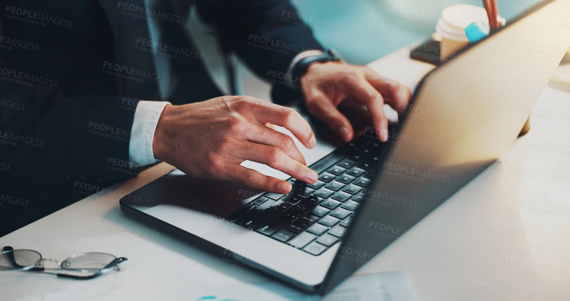 Buy stock photo Laptop, hands and typing of report, night and lawyer with deadline, research and working late in office. Dark, keyboard and overtime for person, process and litigation attorney with info for dispute