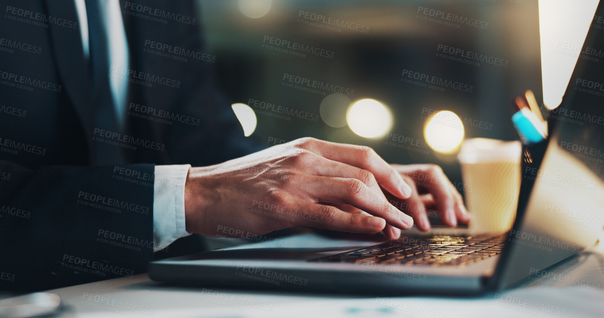 Buy stock photo Laptop, hands and typing in office, night and lawyer with deadline, research and working late for report. Dark, keyboard and overtime for person, process and litigation attorney with info for dispute
