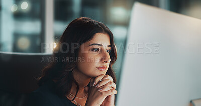 Buy stock photo Night, thinking and woman in office with computer, business plan and ideas for online project at digital agency. Research, overtime and consultant at desk reading email, report or review at startup