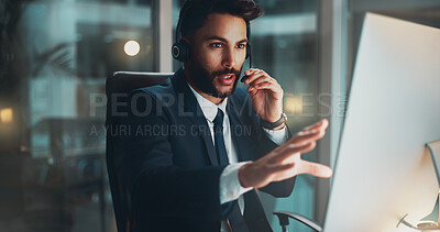 Buy stock photo Call center, computer and man in office at night for international technical support consultation online. Headset, tech and male customer service agent with multilingual translation for global client