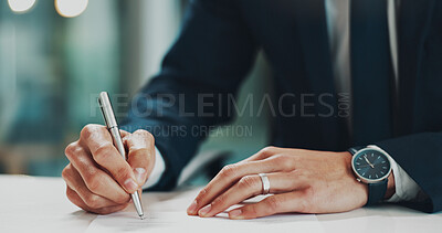 Buy stock photo Hands, paperwork and businessman with pen for signature in office for corporate agreement, deal or registration. Desk, document and person writing and filling in recruitment contract for onboarding.