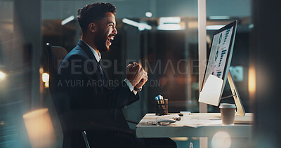 Buy stock photo Business man, computer and celebration at night for success, results and investment profit on screen. Financial analyst, tech and achievement in office for kpi goals, company revenue and networking